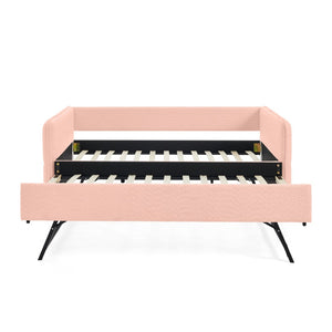 English Elm Daybed Boucle Upholstered Tufted Twin Trundle Sofa for Guest Bedroom Studio Lounge Pink W1413S00172