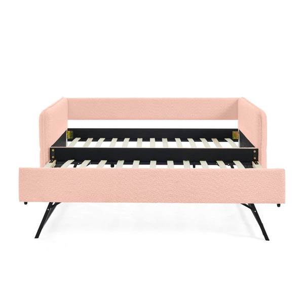 English Elm Daybed Boucle Upholstered Tufted Twin Trundle Sofa for Guest Bedroom Studio Lounge Pink W1413S00172