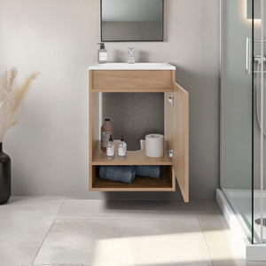 English Elm Wright Compact Wall-Mounted Bathroom Vanity with Integrated Sink, 2 Doors, Open Shelf, Oak Finish B128S00193