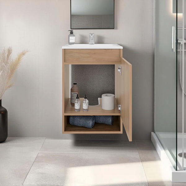 English Elm Wright Compact Wall-Mounted Bathroom Vanity with Integrated Sink, 2 Doors, Open Shelf, Oak Finish B128S00193