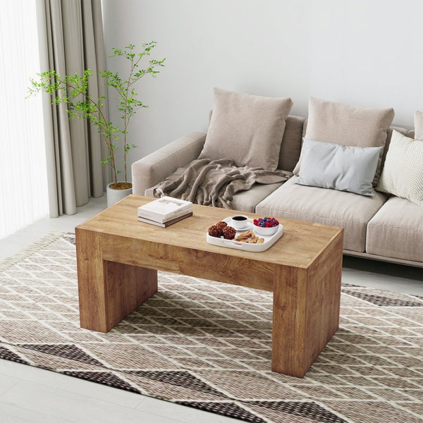 English Elm 48" Farmhouse Rectangle Wood Coffee Table with Hidden Drawer and Open Lower Shelf W3204P401251
