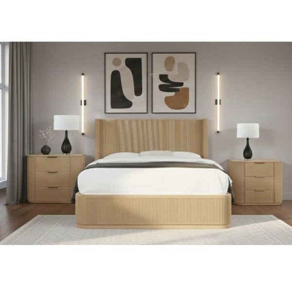 English Elm Fluted Solid Wood 3-drawer Nightstand with Textured Grooves for Modern Bedroom Storage Light Oak B011P474545