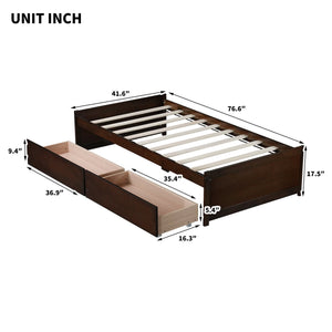 English Elm Twin Twin Size Bed with 2 Drawers Solid Rubber Wood Frame, Space-Saving Storage and Easy Assembly Espresso W504P313038