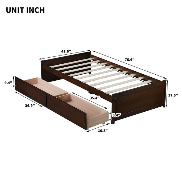 English Elm Twin Twin Size Bed with 2 Drawers Solid Rubber Wood Frame, Space-Saving Storage and Easy Assembly Espresso W504P313038