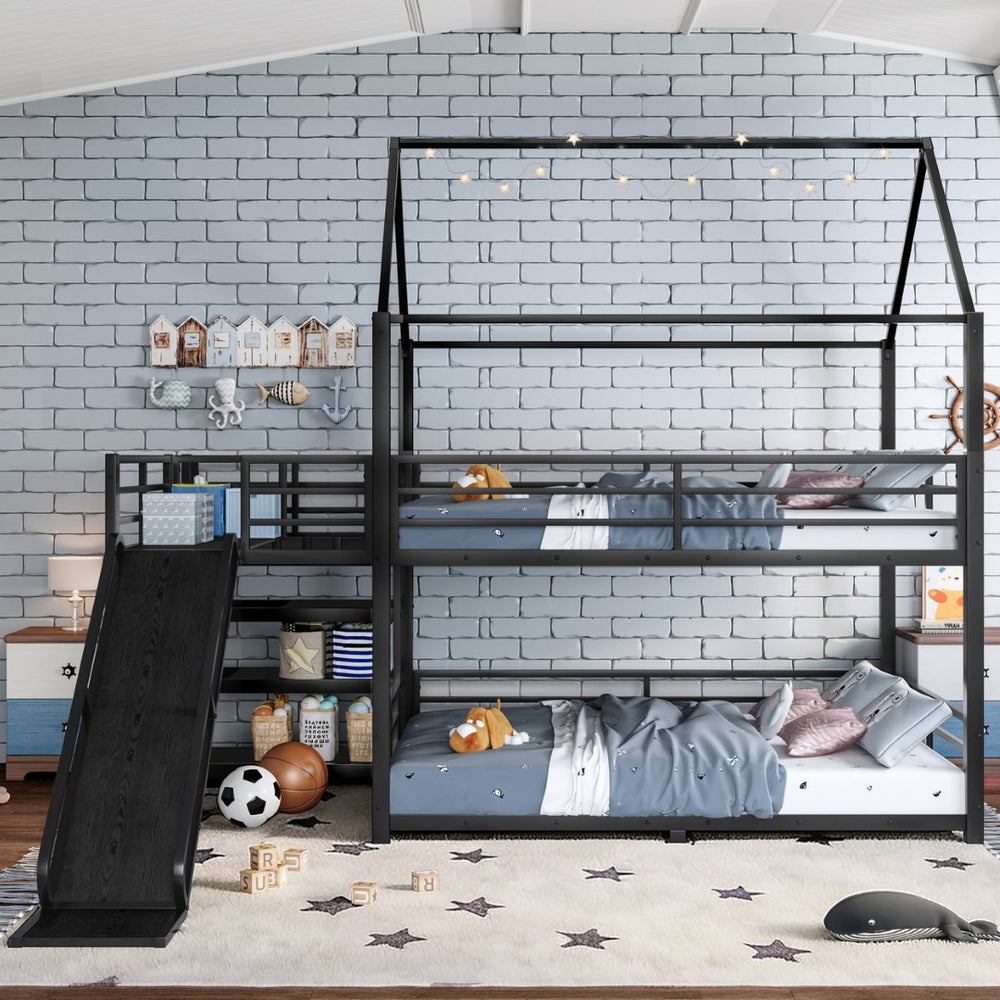 English Elm Twin House Bunk Bed with Slide Storage Stairs and Safety Rails for Kids Rooms W1580S00649