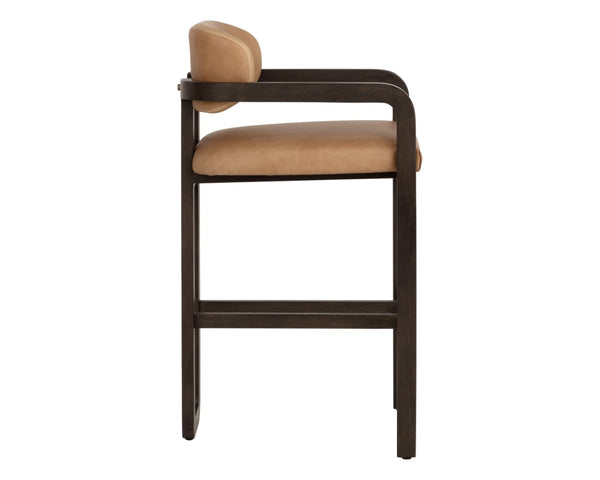 Sunpan MADRONE Barstool - Elegant Brown Oak Frame with Luxurious Ludlow Sesame Leather for Modern Spaces 112680
