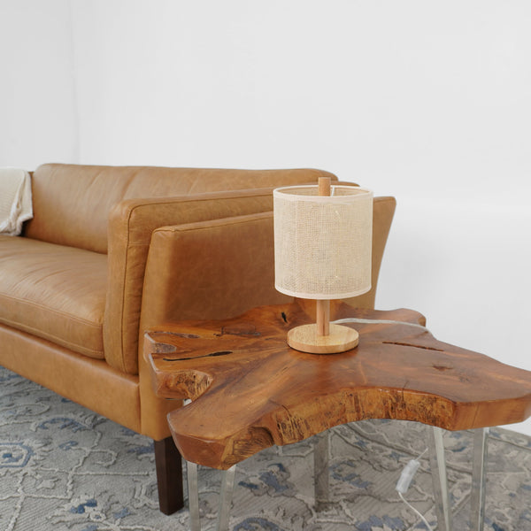 English Elm Ashcroft Furniture - Levio Natural Oak Table Lamp with Linen Rattan Shade — Mid-Century Eco Desk Light for Reading B183P315080