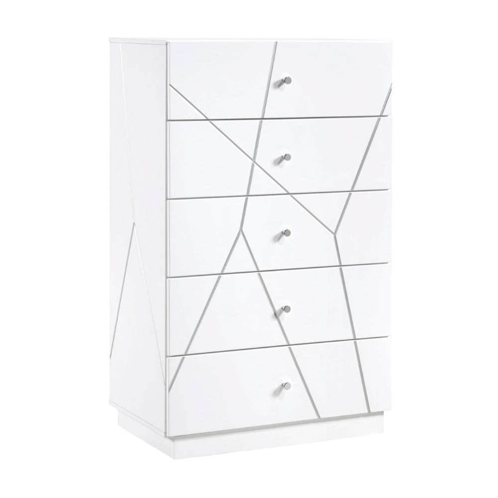 English Elm Glamorous White Gloss 5-drawer Tall Chest with Etched Geometric Fronts for Bedroom B011P429135