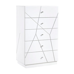 English Elm Glamorous White Gloss 5-drawer Tall Chest with Etched Geometric Fronts for Bedroom B011P429135