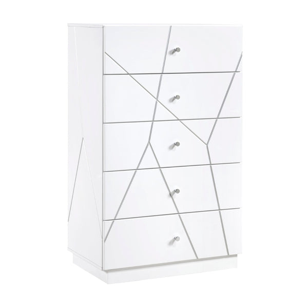English Elm Glamorous White Gloss 5-drawer Tall Chest with Etched Geometric Fronts for Bedroom B011P429135