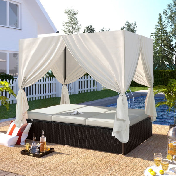 English Elm U_style Outdoor Double Daybed Resort Canopy Lounge with Steel Frame and Adjustable Backrests Beige WY000476AAK