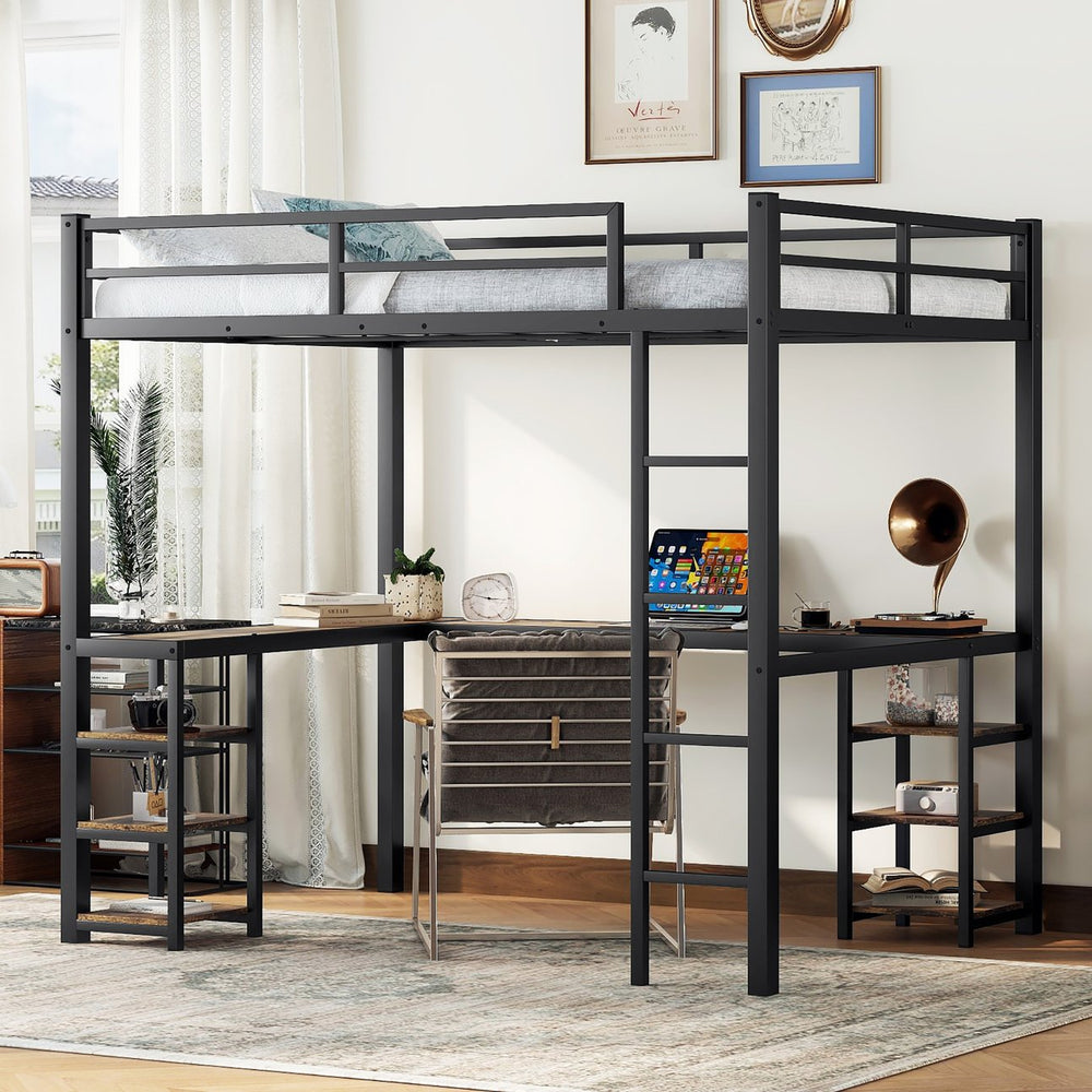 English Elm Full Metal Loft Bed With Vintage Wood Desk & Shelves - Stylish Space-Saving Solution For Bedrooms W1580S00040