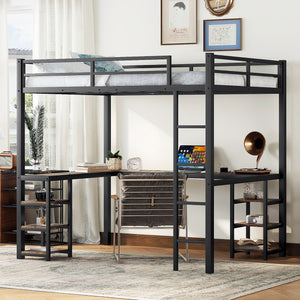 English Elm Full Metal Loft Bed With Vintage Wood Desk & Shelves - Stylish Space-Saving Solution For Bedrooms W1580S00040