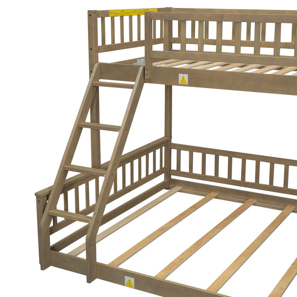English Elm Twin Twin XL over Queen bunk bed with ladder and guardrails, sturdy pine MDF frame for small rooms Walnut GX000464AAD