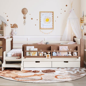 English Elm Twin Pine Floor Bed with Guardrails Built-in Bookcases and Stair Steps for Kids Beige W1580P430199