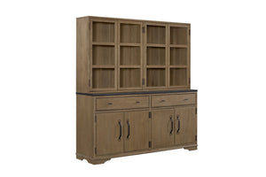 English Elm 2 Piece Cabinet Hutch and Buffet Cashew — Solid Wood + MDF, Concrete Top, Framed Glass Display, Ample Storage Almond 74.75 L x 17.5 W x 45 H B2699S00095