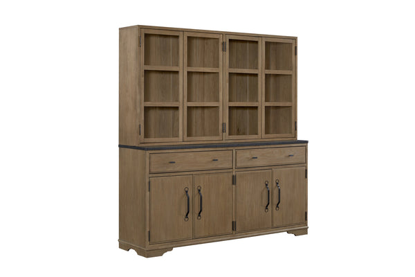 English Elm 2 Piece Cabinet Hutch and Buffet Cashew — Solid Wood + MDF, Concrete Top, Framed Glass Display, Ample Storage Almond 74.75 L x 17.5 W x 45 H B2699S00095