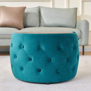 English Elm Ball Cast Round Nesting Ottoman Set Linen Upholstered Hidden Storage with Wooden Tray Blue W3163P379372