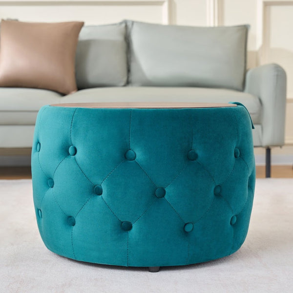 English Elm Ball Cast Round Nesting Ottoman Set Linen Upholstered Hidden Storage with Wooden Tray Blue W3163P379372