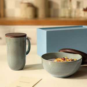 English Elm Hand-Glazed Aqua Terracotta Breakfast Set with Wooden Lid Coasters, Bi-Toned Mug & Bowl Giftable B346P327355