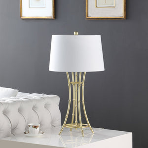 English Elm 29.25" Kiara Modern Satin Brushed Gold Bamboo Table Lamp with Off-White Linen Shade, Elegant Accent Gold+White B072P222428