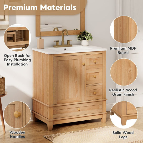 English Elm [video] 30 Inch Freestanding Bathroom Vanity White Mdf Pine Legs Ceramic Sink Soft Close N759P394441N