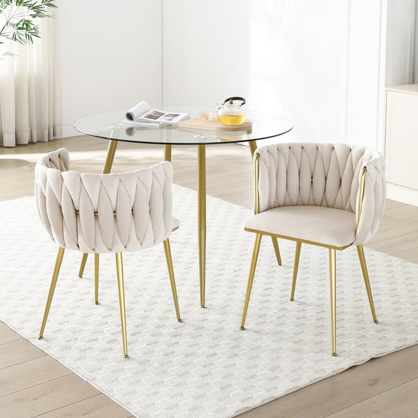 English Elm Modern Velvet Dining Chairs Set of 2 with Woven Backrest and Gold Metal Legs, Elegant Arc Design for Home Beige W1117P209795