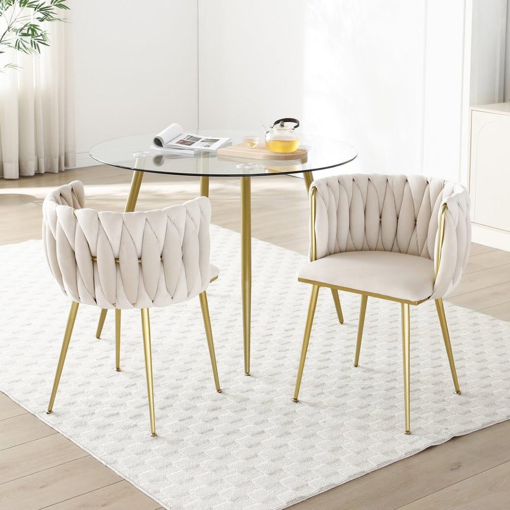 English Elm Modern Velvet Upholstered Dining Chairs Woven Back Gold Legs Set of 2 for Any Room W1117P440615