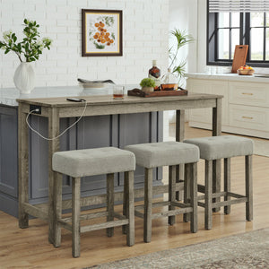 English Elm 59 Inch Bar Table with Built-In Power Outlet and 3 Upholstered Stools, Sturdy MDF & Solid Wood Design for Kitchen Dining Living Room Brown W2972P277854