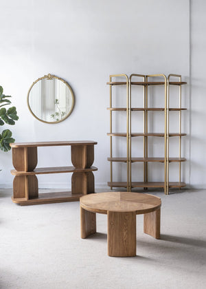 English Elm 47x15x32.5" Three-Tiered Wooden Shelf with Brown Ash Veneer — Organic Modern Console, Media & Display Stand W2078P392489