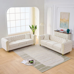English Elm 3 Seater Chesterfield Velvet Sofa Tufted Rolled Arms Gold Legs Glam Living Room Beige W3373S00085