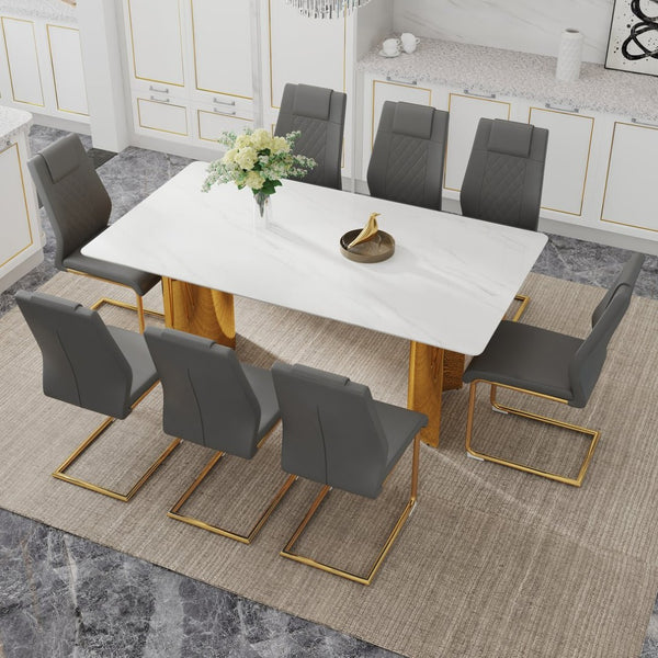 English Elm Table 9-Piece Elegant Dining Set With Glass Top, Imitation Marble, Gold Legs & Comfortable Chairs W1151S04350-GIGA