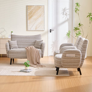 English Elm Modern tufted two-seater sofa with boucle upholstery, tapered legs, storage pockets and plush comfort for small spaces and offices khaki W395P376587