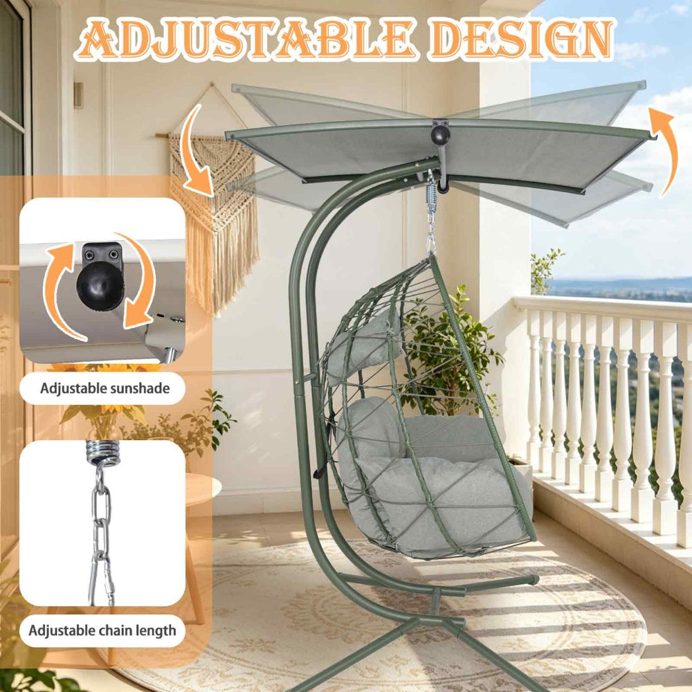 English Elm 2-person Wicker Egg Hanging Chair with Canopy Steel Stand Outdoor Patio Swing T5880P502250