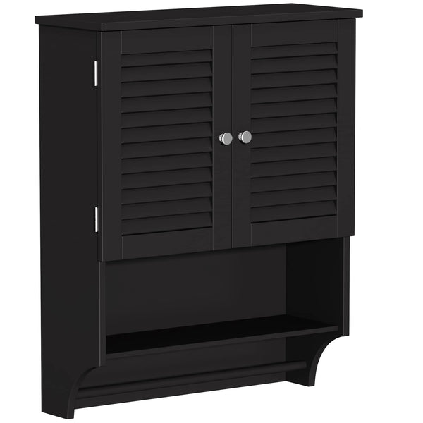English Elm Wall-Mounted Bathroom Cabinet with Louvered Doors, Adjustable Shelves, Open Shelf & Towel Rod for Organized, Ventilated Storage Black T3771P368996