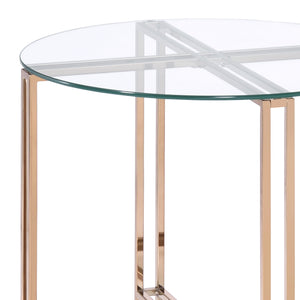 English Elm Veises Champagne Finish End Table with Clear Glass Top, Round Metal Drum Base, Modern Elegant Accent B2726P244382