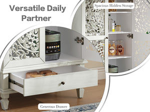 English Elm Rustic Retro Green 55" Tall Storage Cabinet with Carved Doors, Drawer & Solid Wood Legs for Home Decor White Washed W1445P376555