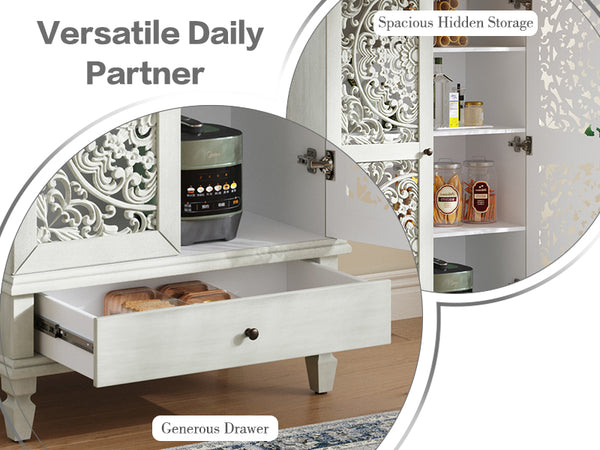 English Elm Rustic Retro Green 55" Tall Storage Cabinet with Carved Doors, Drawer & Solid Wood Legs for Home Decor White Washed W1445P376555