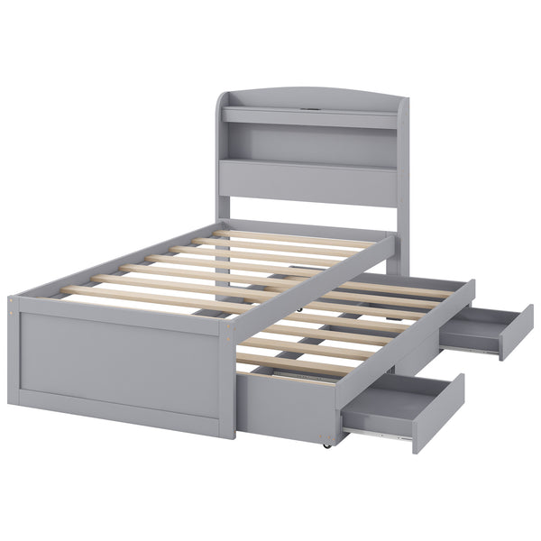 English Elm Twin XL Platform Bed with LED Headboard, Built-In Charging Station, Trundle & 2 Drawers for Space-Saving Bedrooms Gray GX001829AAE