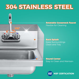 English Elm 17" Stainless Steel Wall Mounted Hand Sink Nsf Certified for Commercial Kitchens W3629P365489