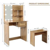 English Elm Vanity Desk Set Stool & Dressing Table With Led Lighting Mirror Drawer and Compartments Modern Wood Cosmetic Table Chest Of Drawers Nature Color