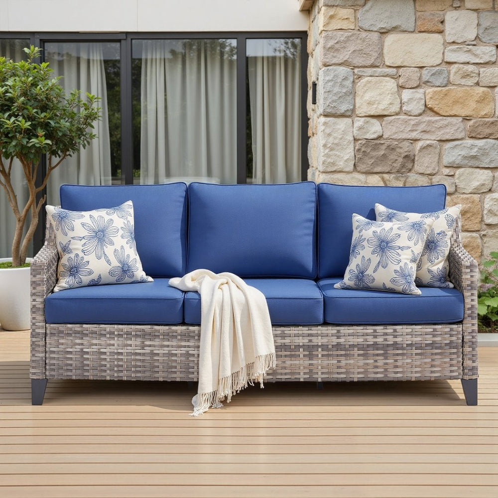 English Elm 73.2" Outdoor Handwoven Rattan 3 Seat Sofa with Olefin Cushions for Porch or Patio Blue T3773P416338