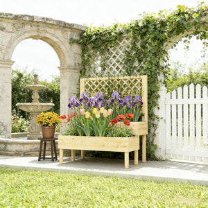 English Elm Patio Fir Wood Tiered Raised Garden Bed with Built-in Trellis for Climbing Plants T3971P476916