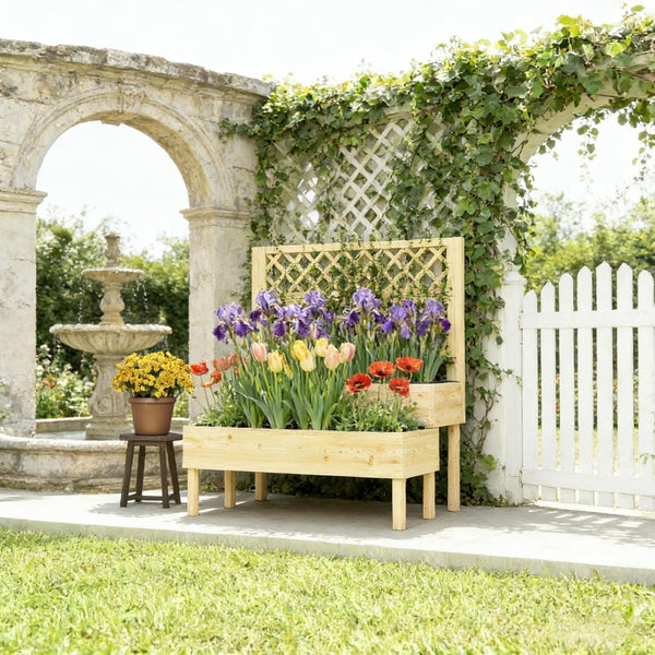 English Elm Patio Fir Wood Tiered Raised Garden Bed with Built-in Trellis for Climbing Plants T3971P476916