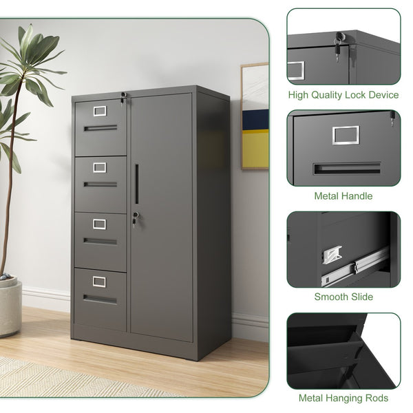 English Elm Metal Four Drawer Filing Cabinet with Lock Steel Storage for Home Office Bedroom Black W2735P457274