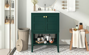 English Elm 24'' Retro Green Bathroom Vanity with Glossy Resin Basin, Solid Wood Feet, Soft-Close Doors, Ample Storage, Metal Handles (Modern) WF324870AAF