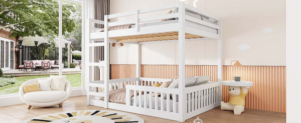 English Elm Full Full over Full Wood Bunk Bed with Ladder & Guardrails, Space-Saving Pine Frame for Kids Rooms White N7090002223K