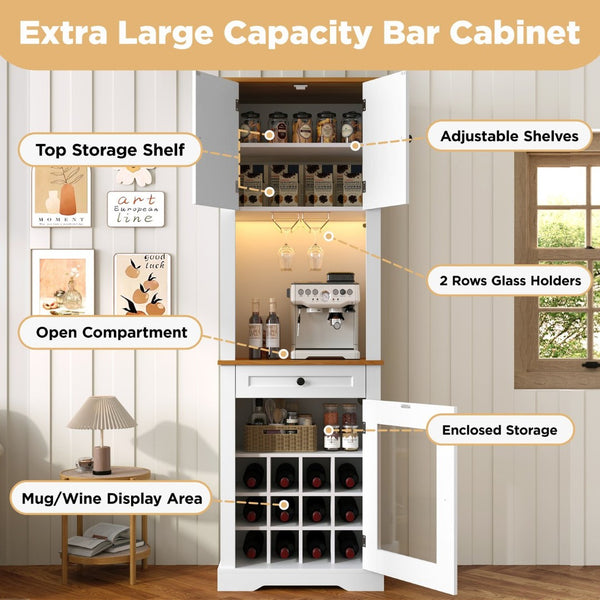 English Elm Bar Cabinet Farmhouse 69 Inch with Rgb Led Barn Door Wine Rack and Charging Station White N728P438603W