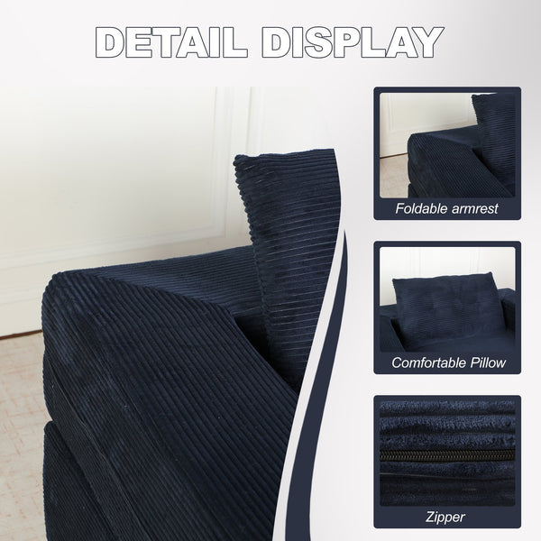 English Elm Compression Human Dog Sofa Bed 3-in-1 Folding Corduroy Floor Couch with Memory Foam Pillow for Living Room Dark Blue W3723P376785