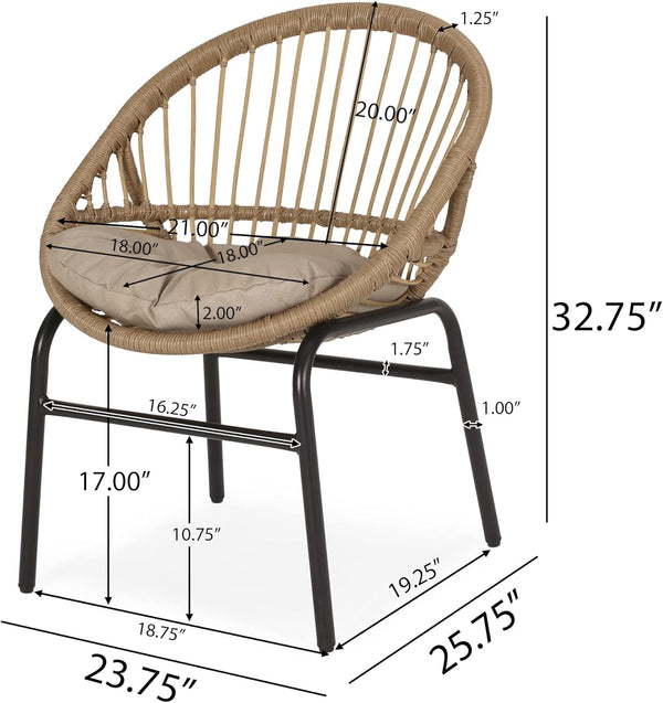 English Elm Christopher Knight Home® - EDGAR Wicker Dining Chairs Set of 2 with Tufted Water-Resistant Cushions, Powder-Coated Iron Frames, Boho Outdoor Seating — Durable 400lb Capacity, Light Brown Beige Finish 70831.00LBRN